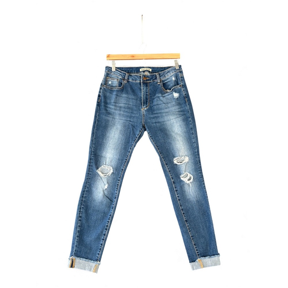Encore Womens‎ Blue Denim Distressed Ripped Skinny Jeans Size 13